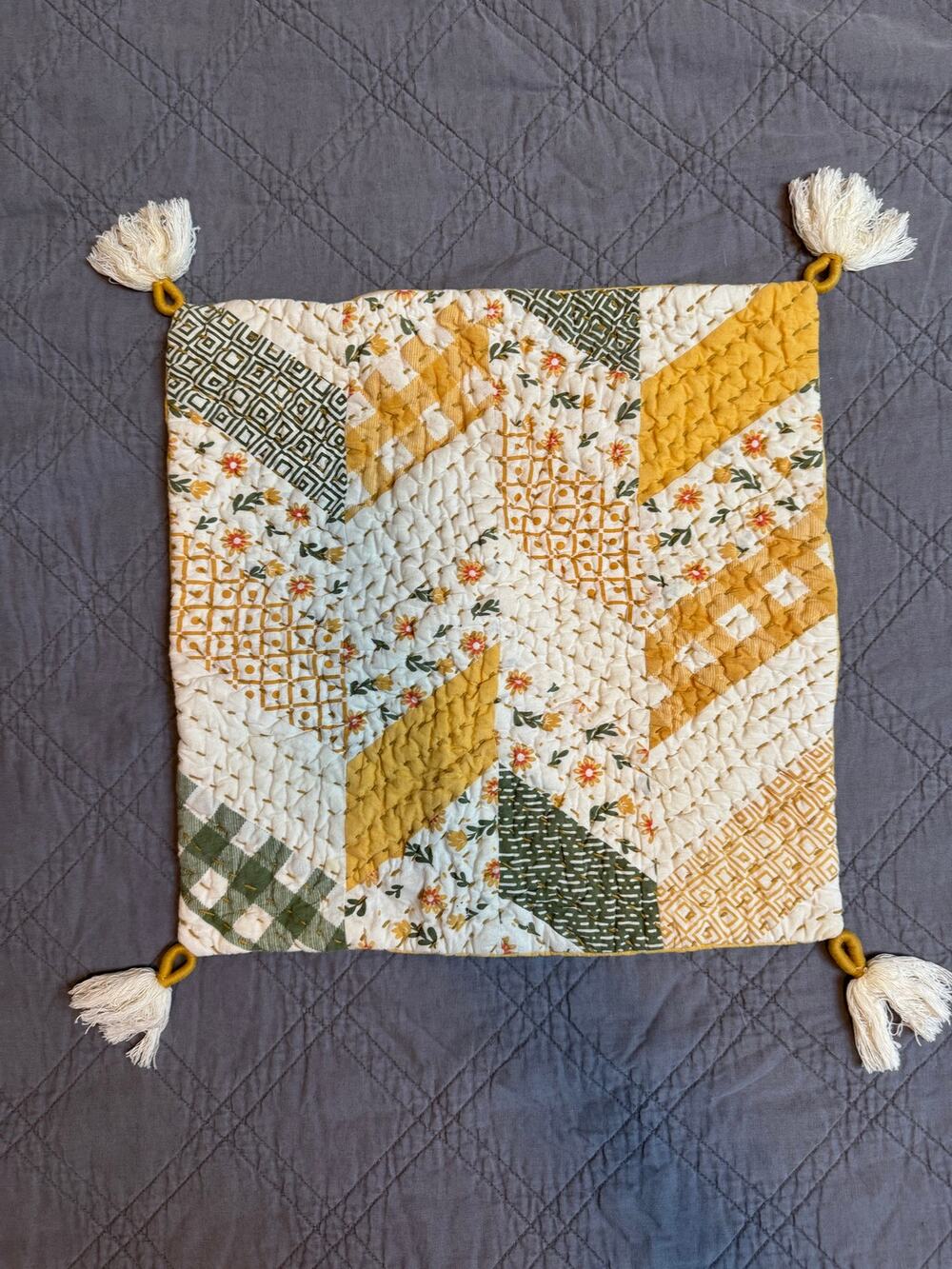 Patchwork Chevron Pattern Mustard Yellow Floral Prints Tassels Pillow Sham Boho